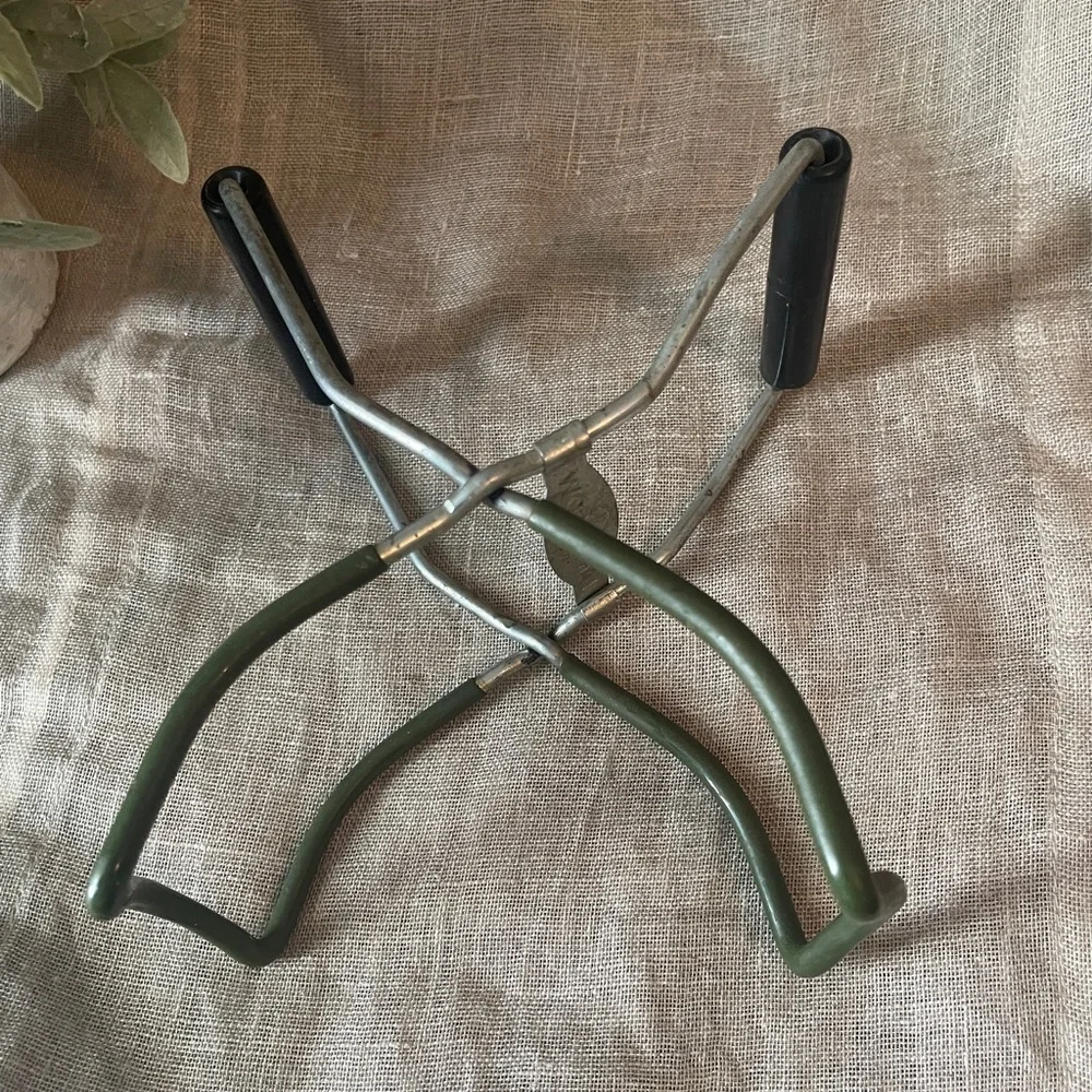 Vintage Earthgrown Canning Jar Lifter Tongs Green Rubber Coated w/ Wood Handles